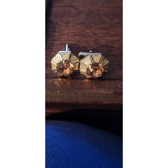 Vintage Gold-Tone Cufflinks w/ Amber Rhinestones Retro Mid-Century Men’s - Picture 2 of 5